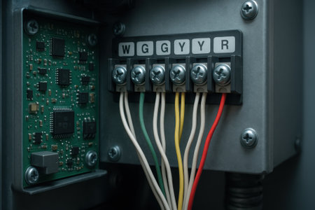 Color coded electrical wiring connected to HVAC control board terminals.の素材