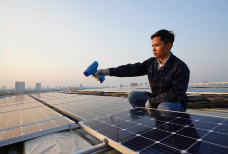 Solar technician inspecting photovoltaic panels on a city rooftop with a handheld scanner.の素材