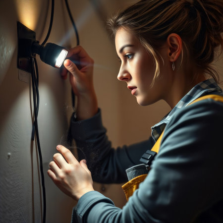 Female electrician inspecting wall-mounted spotlight with warm illumination.の素材