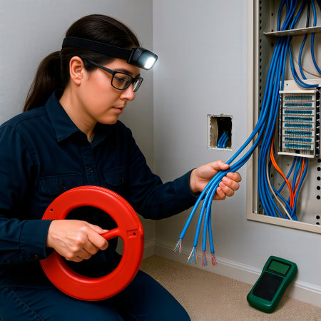 Female technician with headlamp and fish tape inspecting network cables in a wall panel.の素材