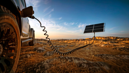 Electric vehicle charging with a portable solar panel in a remote desert landscape.の素材