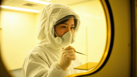 Scientist in cleanroom suit inspects component under yellow laboratory lighting.の素材