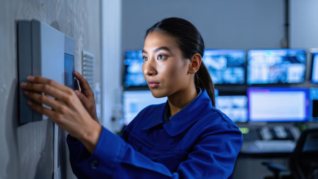 Female technician operating wall control panel in security control room.の素材