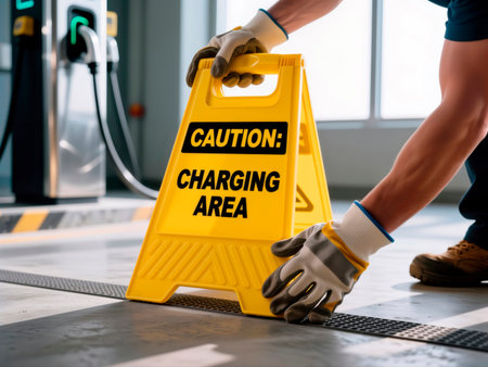 Worker hands placing yellow caution charging area sign on floor near EV station.の素材