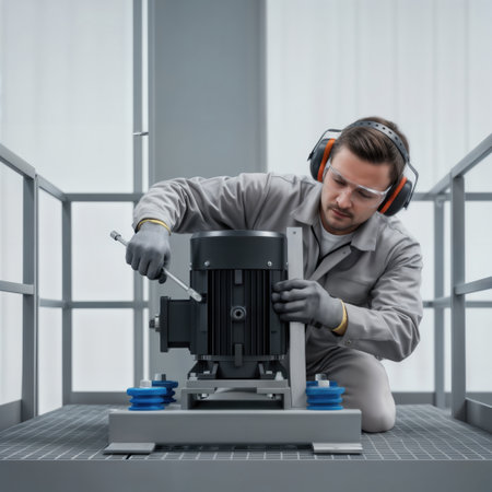 Industrial technician repairing electric motor with wrench on metal platform.の素材