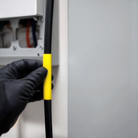 Gloved hand holding black industrial cable with yellow marker during inspection. Space for text.の素材
