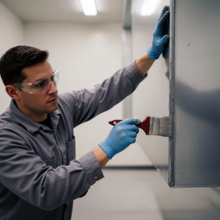 Industrial technician painting metal cabinet surface with brush wearing safety glasses.の素材