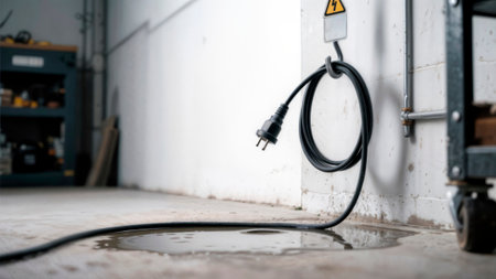 Electrical power cord hanging into water puddle creating safety hazard.の素材