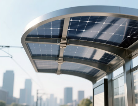 Solar panels on modern transit shelter in city.の素材