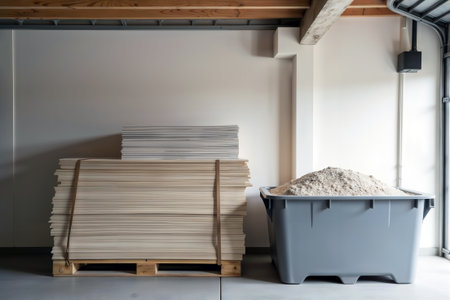 Stack of construction lumber and bin filled with sawdust in garage workshop storage area.の素材