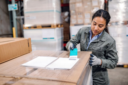 Warehouse worker in gloves applies label to shipping box packaging.の素材