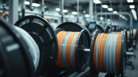 Industrial cable spools with copper and aluminum wire in factory.の素材