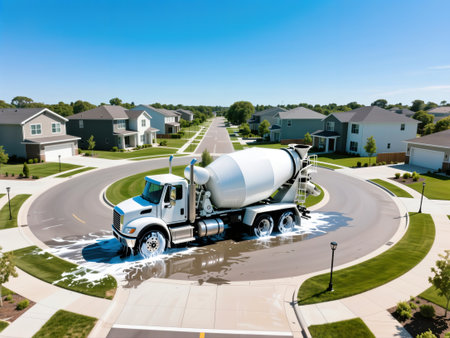 Concrete mixer truck navigating residential neighborhood cul-de-sac.の素材