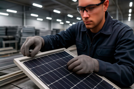 Factory worker in protective gear inspecting a solar panel on a production line.の素材