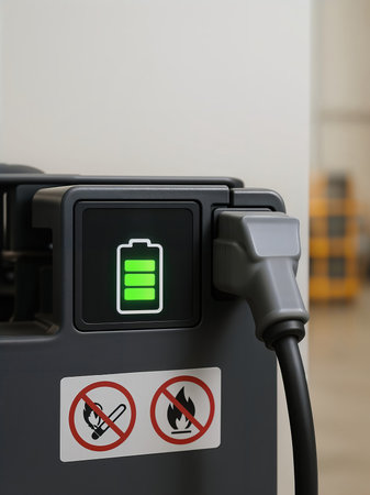 Close up of electric vehicle charging plug connected to port with battery status display.の素材
