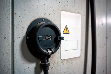 Industrial power connector with warning sign on wall. Space for text.の素材