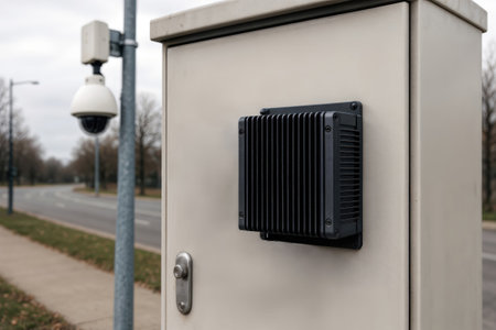 Outdoor industrial electronics enclosure with heat sink and surveillance camera in background.の素材