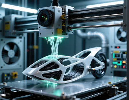 Industrial 3D printer creating futuristic white vehicle frame with laser precision in factory.の素材