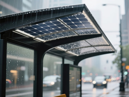 Solar panels on bus shelter roof collecting energy during rainy day in city street.の素材