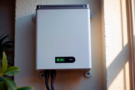 Wall mounted solar inverter unit with green status lights and cables. Space for text.の素材