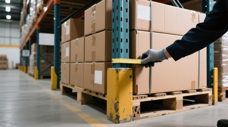 Worker measuring pallet height with tape measure in warehouse.の素材