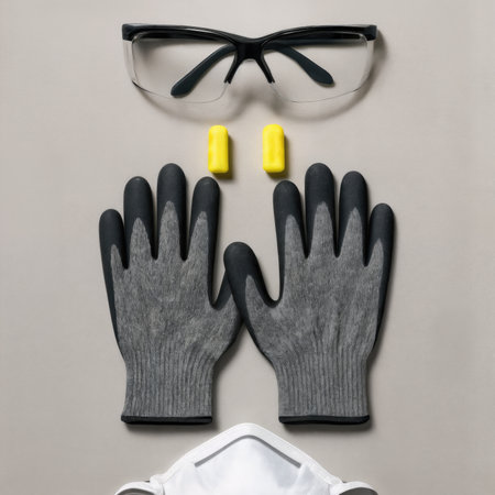 Personal protective equipment flat lay with safety glasses, gloves, ear plugs and face mask.の素材