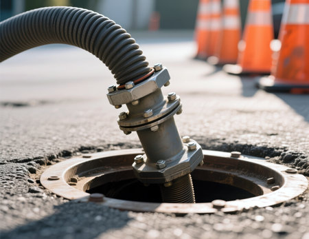 Underground utility connection with corrugated conduit emerging from street access point.の素材
