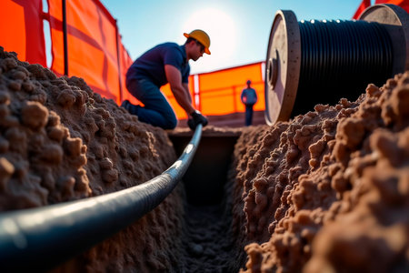 Construction worker installing underground cable from large reel at dusk.の素材