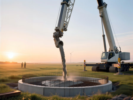 Heavy crane pours concrete into a circular wind turbine foundation at sunset.の素材