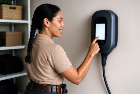 Woman using a wall-mounted electric vehicle charger at home.の素材