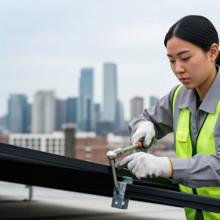 Construction worker tightening metal rail on rooftop with safety gear.の素材