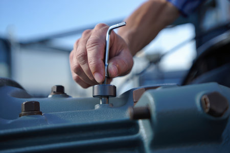 Mechanic's hand using a hex key to tighten a bolt on industrial machinery.の素材