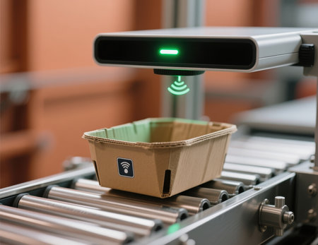 Sensor scanning a package on a factory conveyor belt.の素材