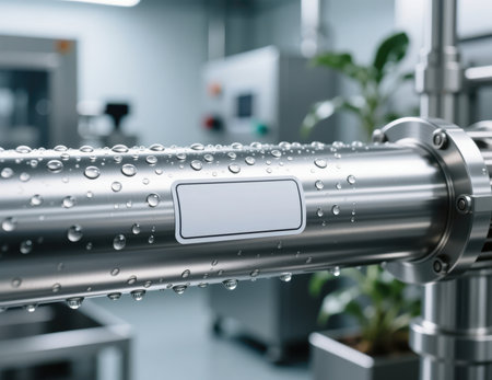 Water droplets on a stainless steel pipe with a blank label in an industrial factory.の素材