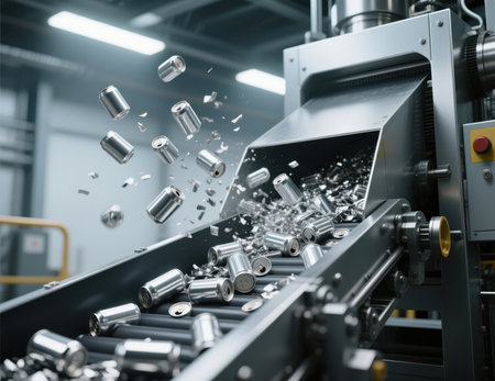 Aluminum cans moving on a conveyor belt system in a recycling factory.の素材