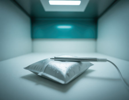 Medical probe rests on a sterile solution bag in a clean laboratory environment.の素材