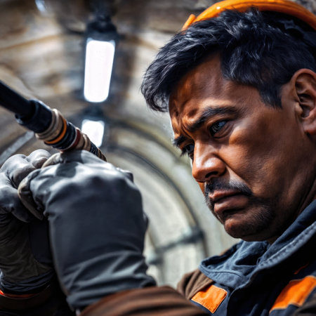 A worker in a hard hat and gloves works on a pipe in an industrial tunnel.の素材