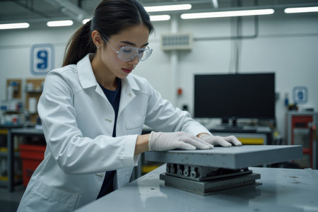 Female engineer in a lab coat and safety glasses inspecting a metal part.の素材