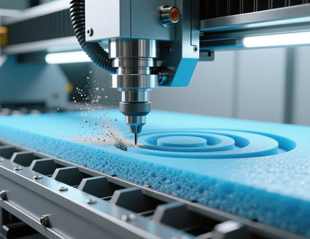 A CNC machine milling a circular pattern into blue foam for prototyping.の素材