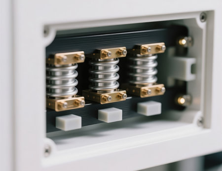 Close up of precision metal bellows components inside a modern electronic device.の素材