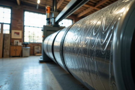 Close-up of a patterned sheet metal coil in a manufacturing facility.の素材