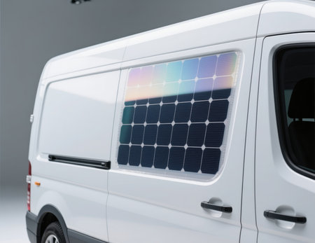 Solar panel integrated into the window of a white commercial van.の素材