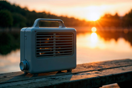 Portable electric heater or power station on a wooden dock at sunset.の素材