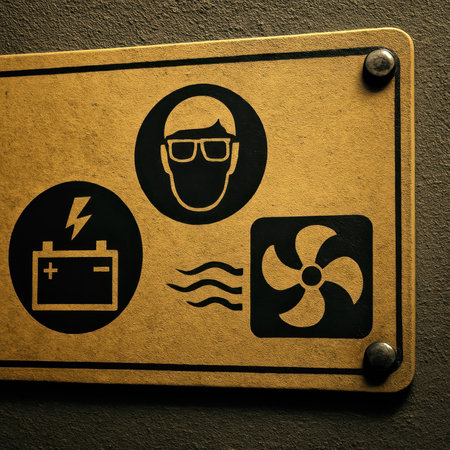 Close up of a textured industrial warning sign with safety icons.の素材
