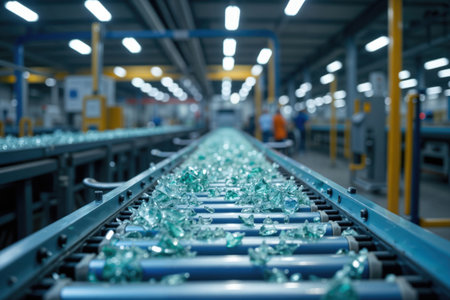 Broken glass moving on a conveyor belt in a recycling factory.の素材