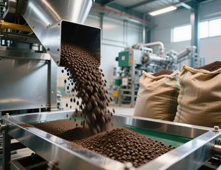 Roasted coffee beans pouring from a machine onto a conveyor belt in a factory.の素材