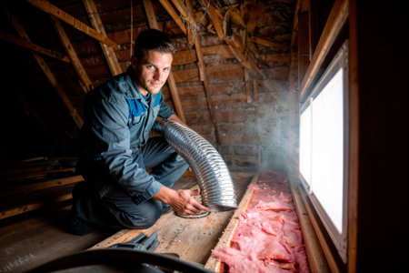 Technician installing flexible ductwork for an HVAC system in an attic.の素材