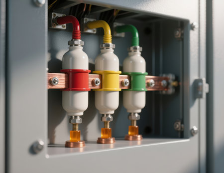 Three-phase electrical insulators connected to a copper busbar in an industrial power panel.の素材