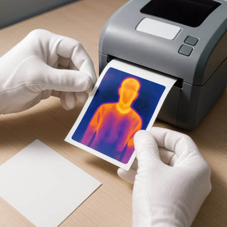 Gloved hands holding a thermal image printout from a label printer.の素材