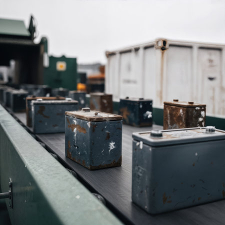 Old industrial batteries moving on a conveyor belt at a recycling facility.の素材
